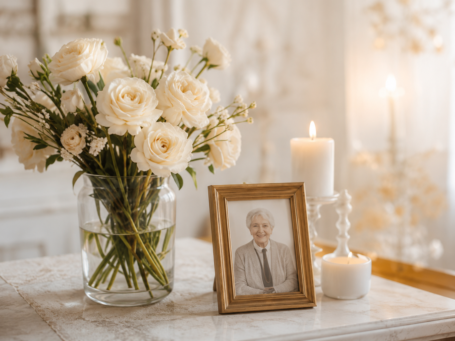 White flowers, candles and a framed memorial portrait